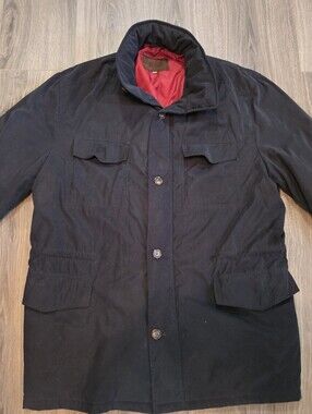 Men's Black Military-Style Field Jacket with Red Lining